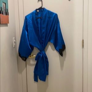 Turquoise blue wrap robe with black lace.